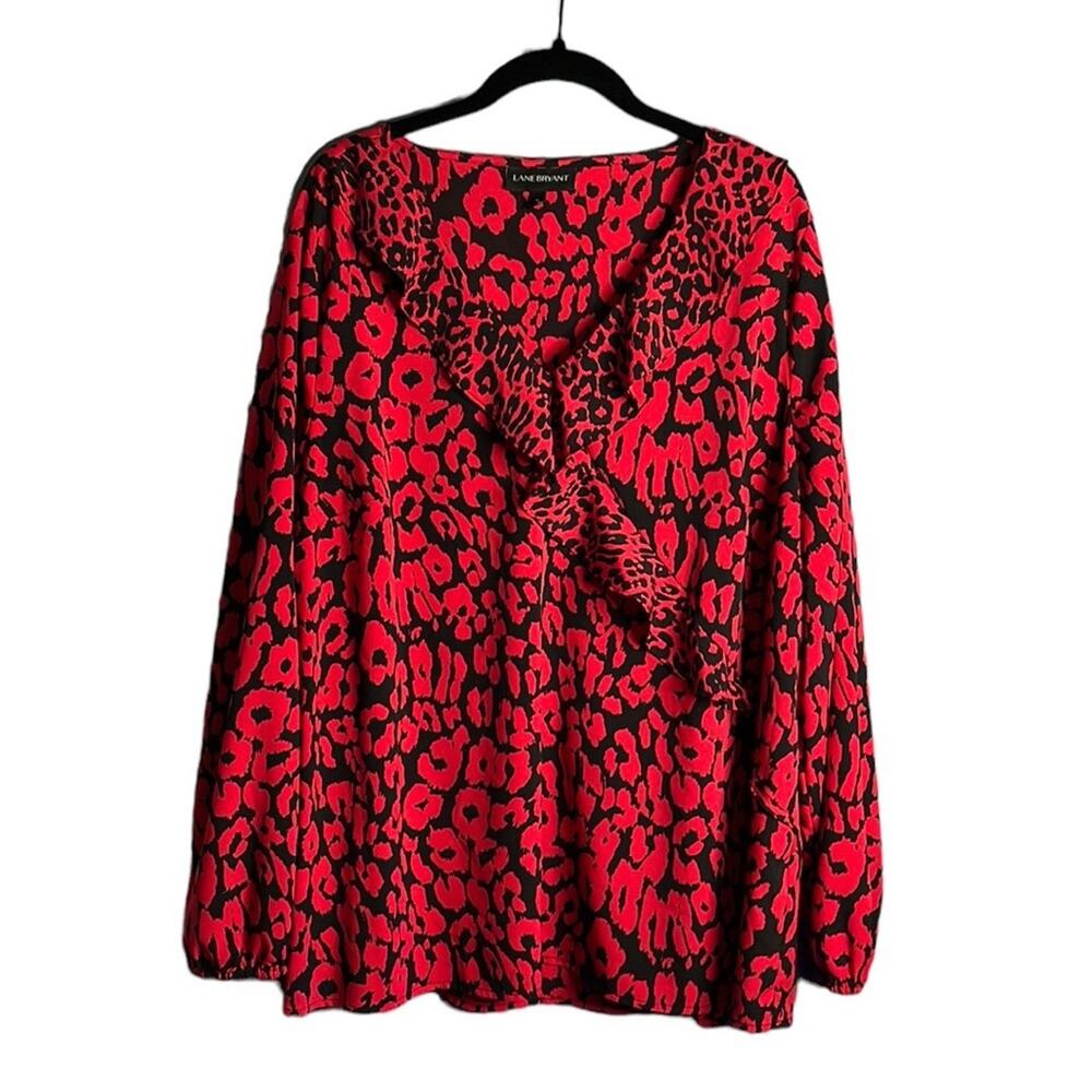 Lane Bryant Red and Black Animal Print Ruffle V-Neck Blouse